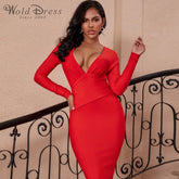 V Neck Long Sleeve Girdle Over Knee Bandage Dress